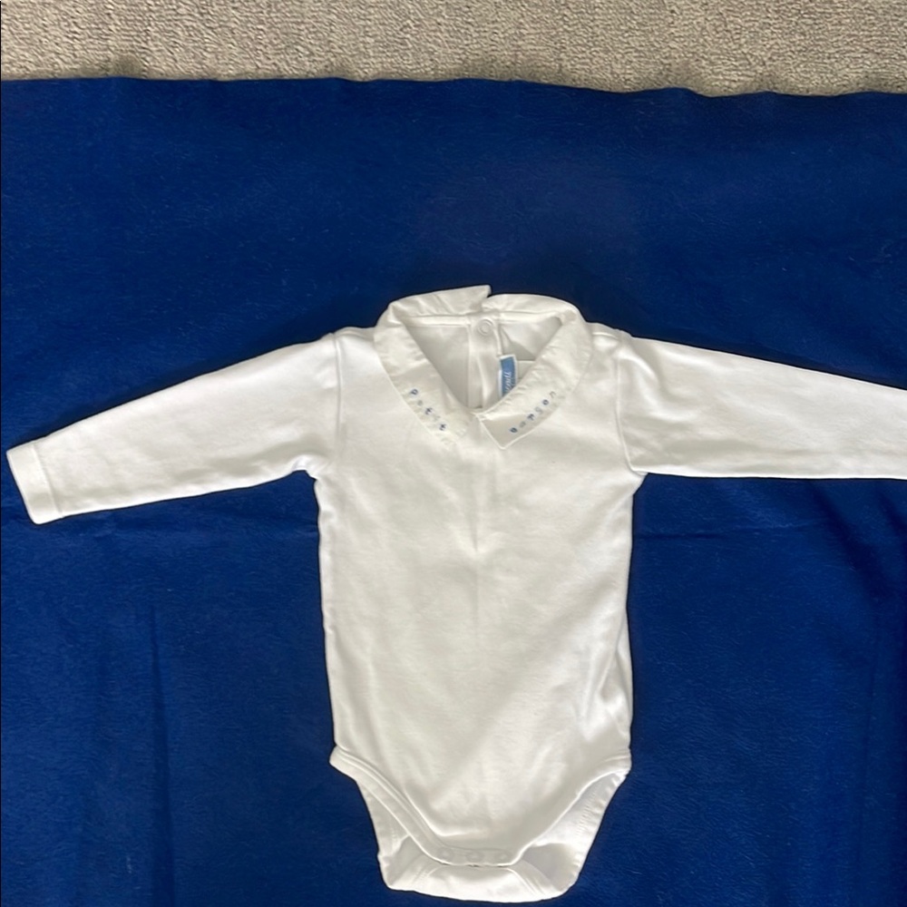 Jacadi Boys White Long Sleeve Kids One Piece with Embroidered Collar